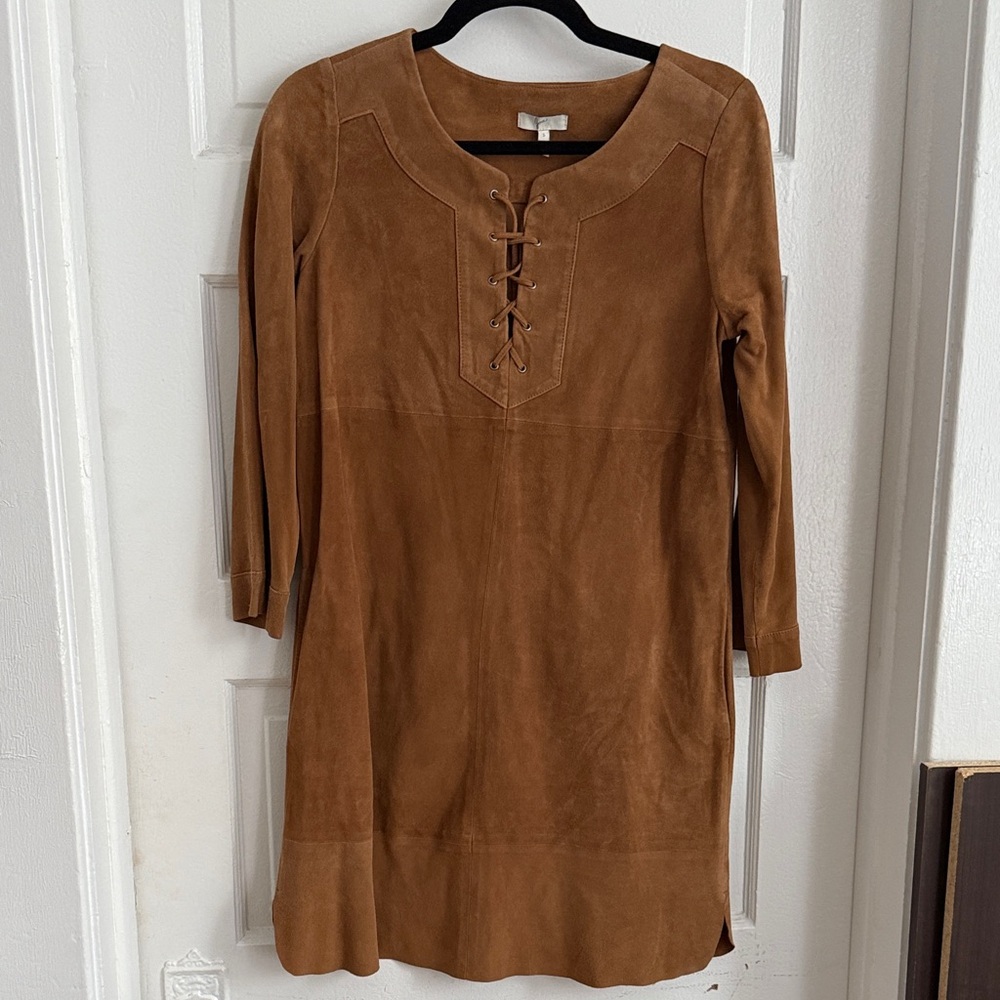Joie Tan Suede Lace-Up Long Sleeve Dress